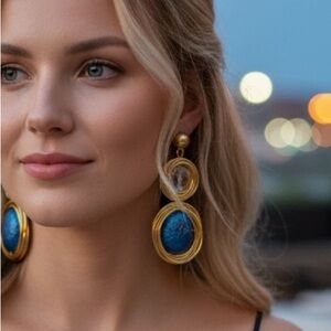 Jennifer K Company Gold & Blue Drop Statement Earrings (BR999/2)